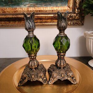 Vintage Hollywood Regency Style Emerald Green Candle Holders